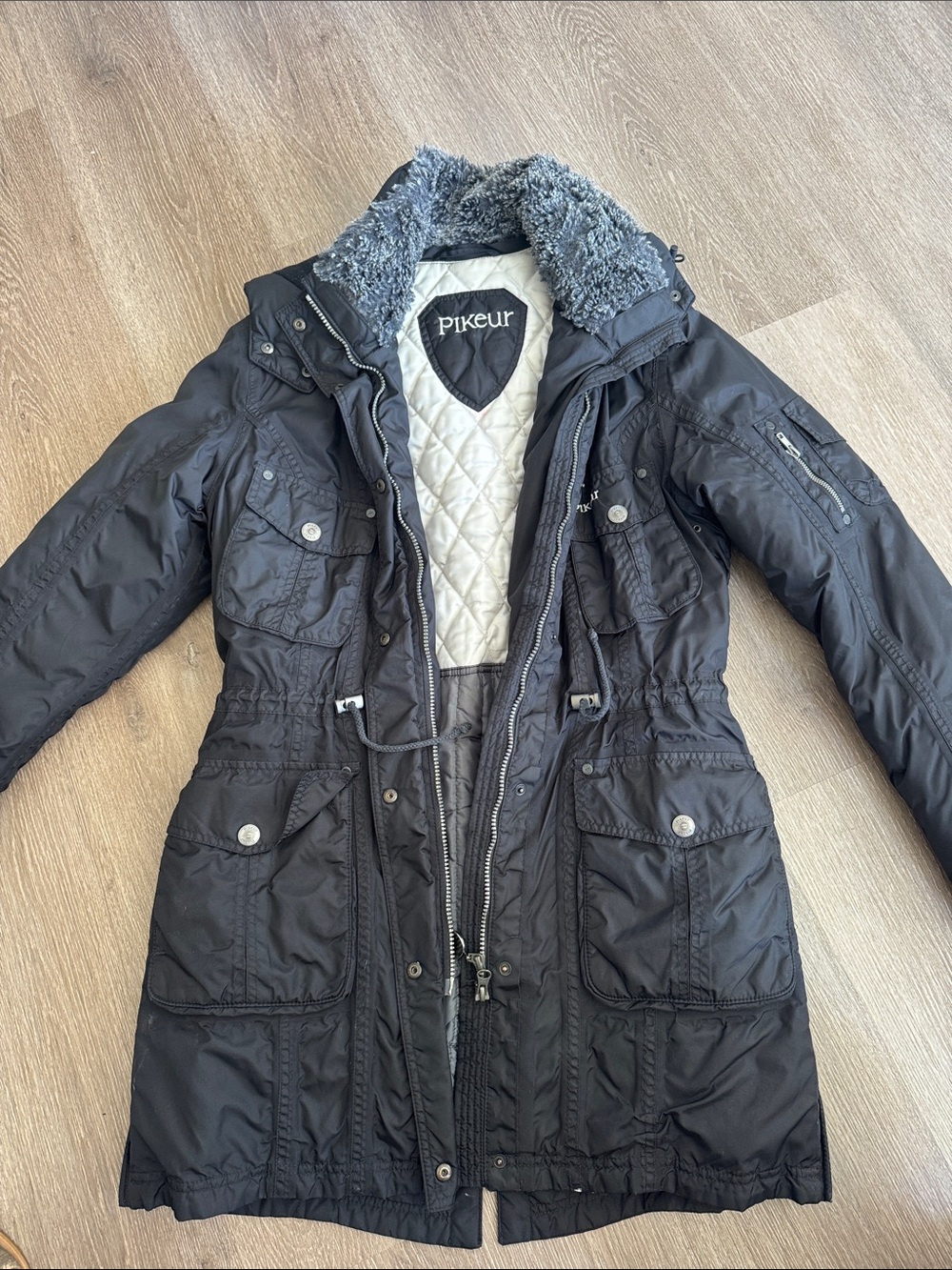 Pikeur Women's Black Quilted-Lined Parka with Faux Fur Trim